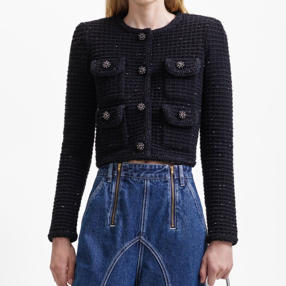 NWOT Self-Portrait Black Sequin Textured Round Neck Knit Jacket